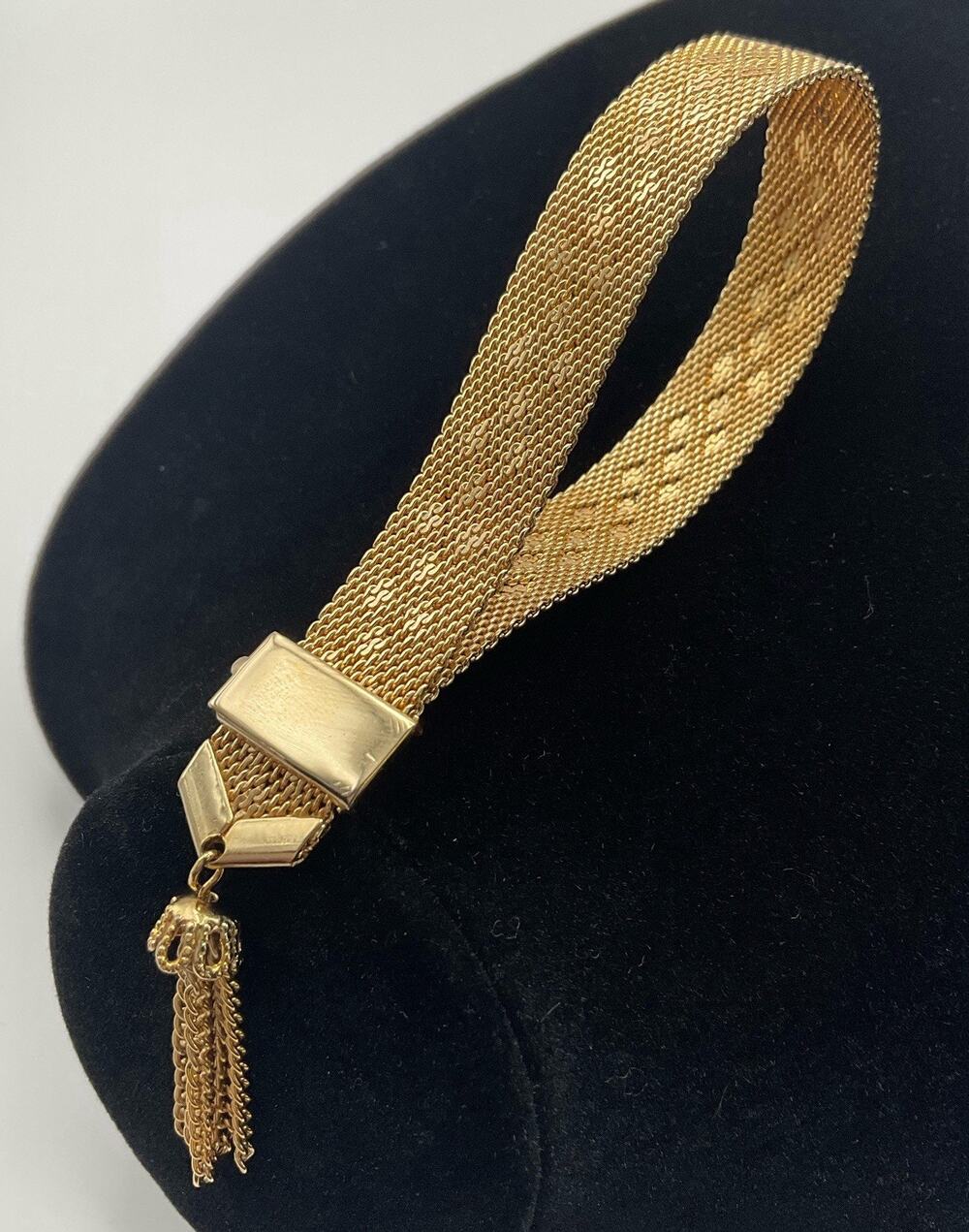 VTG Mesh Bracelet Tassel Slide Diamond Scroll Motif Wide Adjustable Gold Tone